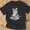 Women's Adorable Watercolor Husky Puppy Dog Reading Books T-Shirt Gifts for Old Men