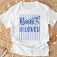 Coquette Book Lover Preppy Blue Stripes Bookworm Reading T-Shirt Gifts for Old Men