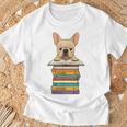 Cute French Bulldog Reading On Pile Of Books T-Shirt Gifts for Old Men