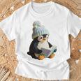 Cute Penguin Reading Book Faux-Crochet Print T-Shirt Gifts for Old Men
