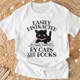 Easily Distracted By Cats And Books Cat Book Lover T-Shirt Gifts for Old Men