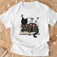 Floral Cat Reading Book Kitten Illustration T-Shirt Gifts for Old Men