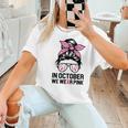 In October We Wear Pink Baseball Mom Messy Bun Breast Cancer Women T-Shirt In October We Wear Pink Baseball Mom Messy Bun Breast Cancer Women T-Shirt