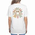 Happy Baseball Mom Groovy Retro Floral Smiling Face Women's T-Shirt Back Print Happy Baseball Mom Groovy Retro Floral Smiling Face Women's T-Shirt Back Print