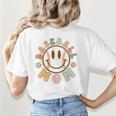 Happy Baseball Mom Groovy Retro Floral Smiling Face Women's T-Shirt Back Print Happy Baseball Mom Groovy Retro Floral Smiling Face Women's T-Shirt Back Print