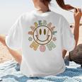 Happy Baseball Mom Groovy Retro Floral Smiling Face Women's T-Shirt Back Print Happy Baseball Mom Groovy Retro Floral Smiling Face Women's T-Shirt Back Print