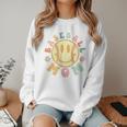 Groovy Retro Floral Happy Smiling Face Baseball Mom Women Crewneck Sweatshirt Groovy Retro Floral Happy Smiling Face Baseball Mom Women Crewneck Sweatshirt