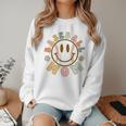 Happy Baseball Mom Groovy Retro Floral Smiling Face Women Crewneck Sweatshirt