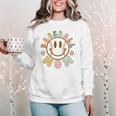 Happy Baseball Mom Groovy Retro Floral Smiling Face Women Crewneck Sweatshirt