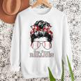 Busy Raising Ballers Messy Bun Funny Baseball Mom Women Crewneck Sweatshirt