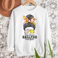 Busy Raising Ballers Softball Messy Bun Baseball Mom Women Crewneck Sweatshirt