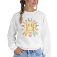 Groovy Retro Floral Happy Smiling Face Baseball Mom Women Crewneck Sweatshirt Groovy Retro Floral Happy Smiling Face Baseball Mom Women Crewneck Sweatshirt