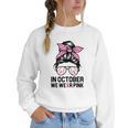 In October We Wear Pink Baseball Mom Messy Bun Breast Cancer Women Crewneck Sweatshirt In October We Wear Pink Baseball Mom Messy Bun Breast Cancer Women Crewneck Sweatshirt