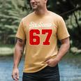 Number 67 Numbered Six Seven Baseball Jersey Style Team 67 Men's Comfort Colors T-Shirt Mustard Number 67 Numbered Six Seven Baseball Jersey Style Team 67 Men's Comfort Colors T-Shirt Mustard