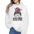 In October We Wear Pink Baseball Mom Messy Bun Breast Cancer Wmen Hoodie In October We Wear Pink Baseball Mom Messy Bun Breast Cancer Wmen Hoodie
