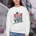Run I Dare You Baseball Catcher Player Fan Youth Crewneck Sweatshirt