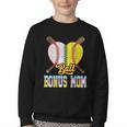 Bonus Mom Of Both Half Baseball Softball Ice Cream Drip Youth Crewneck Sweatshirt