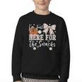 I'm Just Here For The Snacks Baseball Coquette Game Day Girl Youth Crewneck Sweatshirt I'm Just Here For The Snacks Baseball Coquette Game Day Girl Youth Crewneck Sweatshirt