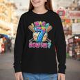 Blue Checkered I Was 6 Now I'm 7 Birthday Cake Baseball Drip Youth Long Sleeve Tee