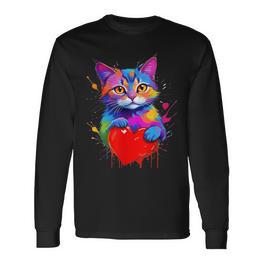 Buntes Katzen- – Regenbogen-Kätzchen-Herz Aquarell Haustier Langarmshirts - Seseable