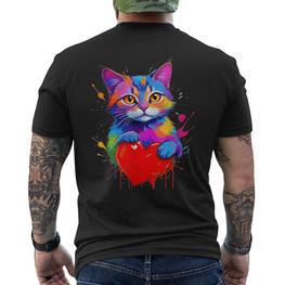Buntes Katzen- – Regenbogen-Kätzchen-Herz Aquarell Haustier T-Shirt mit Rückendruck - Seseable