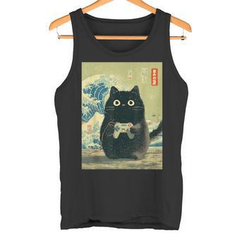 Japanischechwarze Gamer Catideospiele Great Wave Cat Dad Tank Top - Seseable