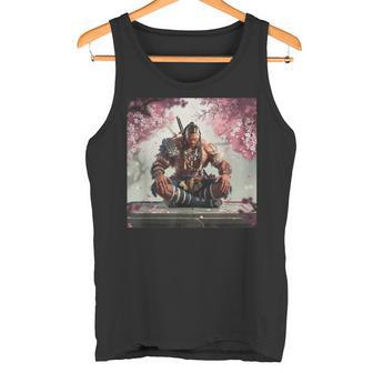 サムライ アフロ アフリカ 瞑想 桜の下 タンクトップ - Kawaiitshirt