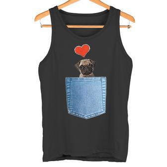 ジーンズポケット付きシャツ パグ犬とハート犬のモチーフ タンクトップ - Kawaiitshirt