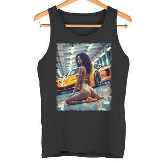 ピンナップガールtシャツ 男性用 ブラックピンナップガール&エキゾチックカー タンクトップ - Kawaiitshirt