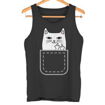 中指 猫 ポケット 面白い 漫画 猫 ホワイト プレミアム タンクトップ - Kawaiitshirt