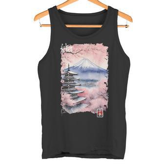 富士山 日本 桜 ヴィンテージ アニメ アート ピンク タンクトップ - Kawaiitshirt