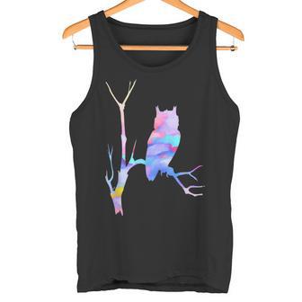 水彩フクロウsiitingツリーバードウォッチングアートバード タンクトップ - Kawaiitshirt