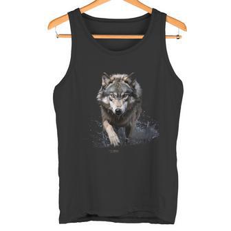 灰色のオオカミ 川を渡る オオカミ 野生動物 タンクトップ - Kawaiitshirt