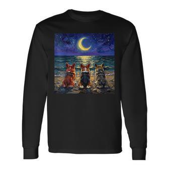3 コーギーの夜のビーチかわいい犬と三日月のアートワーク 長袖Tシャツ - Kawaiitshirt