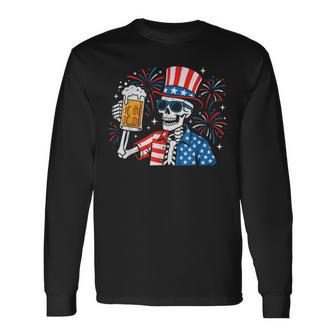 4Th Of July Patriotic Skeleton Beer American Usa Party Long Sleeve T-Shirt - Thegiftio UK