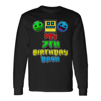 My 7Th Birthday Dash Video Game Theme Kids 7 Party Geometry Long Sleeve T-Shirt - Thegiftio UK