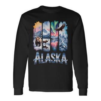 Alaskan Bear Moose Eagle Lake And Mountain Aurora Borealis Long Sleeve T-Shirt | Mazezy