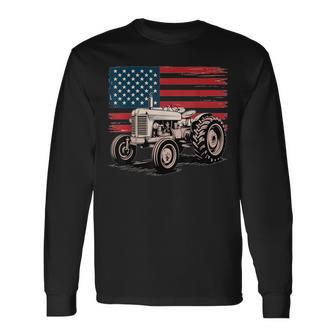 American Farm Tractor Over Distressed Flag Heritage Graphic Long Sleeve T-Shirt - Thegiftio UK