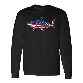 American Flag Shark Patriotic 4Th Of July Ocean Long Sleeve T-Shirt - Monsterry