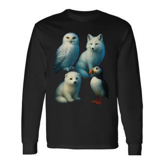 Arctic Animals コラージュ シロフクロウ キツネアザラシ ツノメ 長袖Tシャツ - Kawaiitshirt