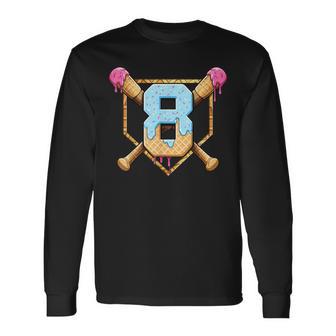 Baseball 8 Year Old Ice Cream Drip 8Th Birthday Boy Number 8 Long Sleeve T-Shirt - Thegiftio