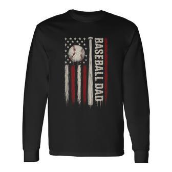 Baseball Dad American Flag Patriotic Game Day Usa Flag Long Sleeve T-Shirt - Thegiftio UK