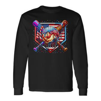 Baseball Drip American Flag For Boys Kids Youth 4Th Of July Long Sleeve T-Shirt - Thegiftio UK