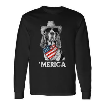 Basset Hound American Flag Bandana Cowboy Hat Sunglasses Long Sleeve T-Shirt - Thegiftio UK