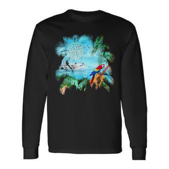 Beachside Dream Seaplane Parrot And Guitar Long Sleeve T-Shirt - Thegiftio UK