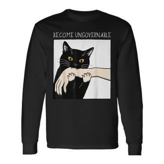 Become Ungovernable Black Cat Biting Hand Meme Long Sleeve T-Shirt - Thegiftio UK