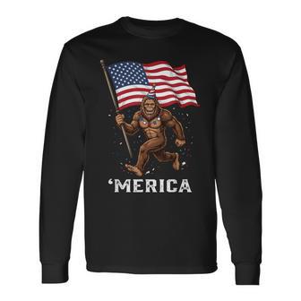 Bigfoot American Flag Merica 4Th Of July Long Sleeve T-Shirt - Thegiftio UK
