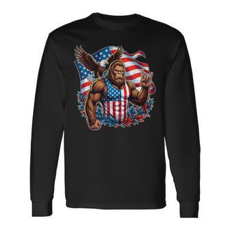 Bigfoot Rock Eagle American Flag Patriotic 4Th Of July Men Long Sleeve T-Shirt - Thegiftio