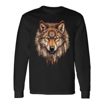 Bijoux Indiens Loup Avec Ésotérique Motif Loup T-shirt à manches longues - Cadeauxyz