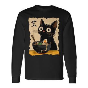 Black Cat Eating Ramen Japanese Kawaii Anime Cat Ramen Long Sleeve T-Shirt - Monsterry